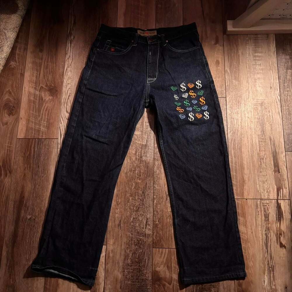 NBN Gear Embroidered Money and Diamond Dark Wash Jeans